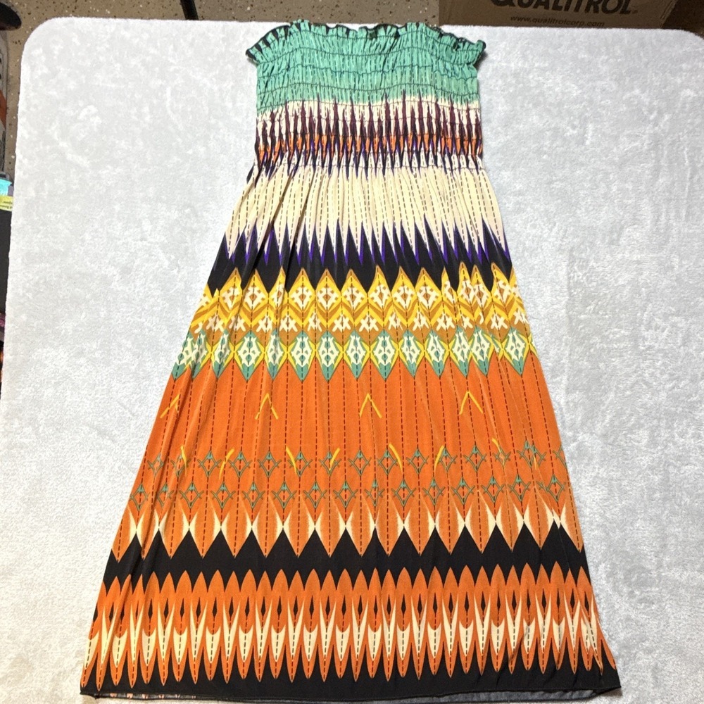A.C.S Fashion Women's M Orange Geometric Smocked Square Neck Long Maxi Dress